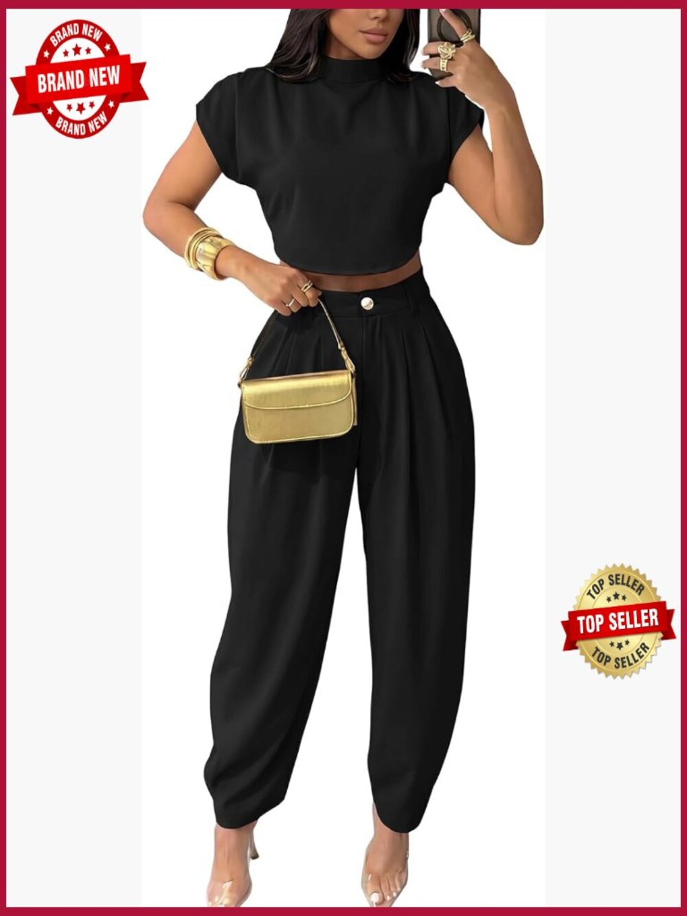 2 Piece Set Women Mock Neck Crop Top Palazzo Pants Travel Outfit